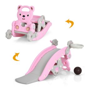 4-in-1 Toddler Slide and Rocking Horse Playset with Basketball Hoop (Color: Pink)